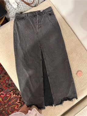 We The Free People -  Distressed‎ Black Fade Denim Front Slit Midi Skirt
